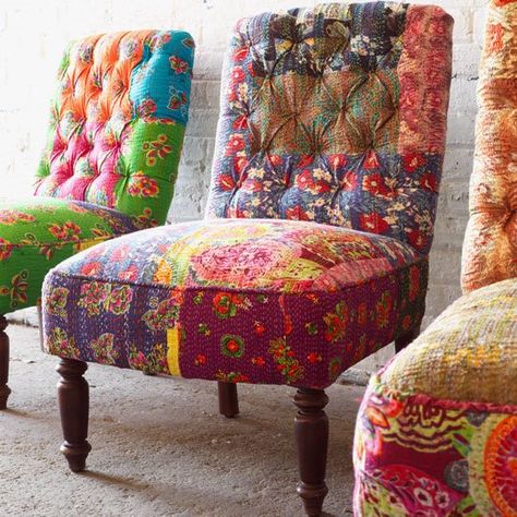 Check out these beautiful chairs, sofas and benches that use modern fabric or unexpected color and texture combinations, along with multiple fabrics to create one of a kind, bohemian style. Patchwork Chair, Funky Chairs, Reupholster Chair, Chair Ideas, Colorful Chairs, Funky Furniture, Style At Home, Take A Seat, Reupholster