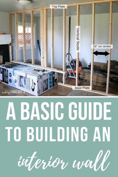 Renovating?? If so, you may need to build a new divider wall. You've gotta read this basic guide to building interior wall. Learn how to build a wall. #construction #building #wall #drywall Wall Building, Framing Construction, Build A Wall, Garage Conversion, Basement Walls, Diy Building, Divider Wall, Anna White, Stud Walls