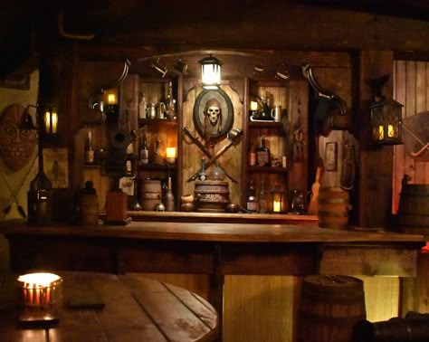 Bar/Pirate Tavern Pirate Bar Ideas, Pirate Tavern, Tavern Decor, Pirate Bar, Dnd Room, Halloween Pirates, Pirate Room, Pirate Stuff, Gold Bar Cart