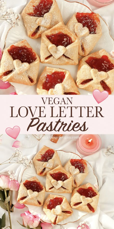 Make these adorable Vegan Love Letter Pastries for your someone special this Valentines day. These mini hand pies are folded like an envelope, with a homemade buttery pastry, filled with delicious strawberry jam, and sealed with a heart. They’re fun, easy to make and sure to impress! Valentines Hand Pies, Puff Pastry Valentines, Vegan Valentines Day Desserts Easy, Puff Pastry Recipes Valentines, Spring Pastry Recipes, Puff Pastry Envelopes, Valentine’s Day Baked Good, Unique Easy Dessert Recipes, Flaky Pastry Ideas