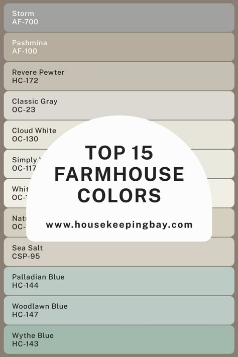 TOP 15 Farmhouse Colors From Benjamin Moore And Sherwin Williams Country Home Interior Paint Colors, Country House Colors Interior Rustic, Country Farmhouse Wall Colors, Farmhouse Wall Colours, Farmhouse Chic Paint Colors, Traditional Farmhouse Paint Colors, Beauty Tone Paint Colors Colour Palettes, Farmhouse Paint Colors For Bedroom, Bm Farmhouse Paint Colors