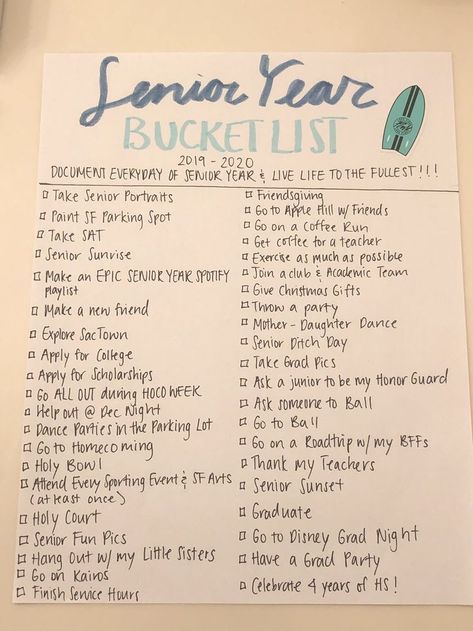 Things To Do During Senior Year, Senior Year Bucket List Best Friends, Senior Bucket List Ideas, Senior Fun Day Ideas, Senior Year Checklist Things To Do, Last Day Of School Ideas High School, Senior Ditch Day Ideas, Fun Senior Year Activities, Senior Memory Ideas