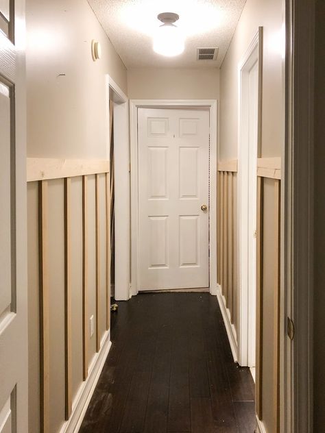 Diy Board And Batten Wall Hallway, Hallway Wall Board And Batten, Board And Batten Hallway Decor, Diy Hallway Remodel, Board And Batten Hallway With Hooks, Hallway Batten Wall, Board And Batten Small Hallway, Board And Batten Upstairs Hallway, Hallway Border Ideas