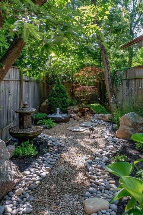 Mulch Garden Ideas Landscaping, Non Grass Garden Ideas, Gardens In Small Spaces, Tranquil Outdoor Spaces, Outdoor Napping Area, Backyard Plants Ideas, All Gravel Backyard, Garden Minimalist Design, Shaded Backyard Landscaping