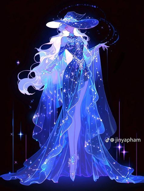 Fantasy Dress Illustration, Mystical Outfits Drawing, Moon Dress Drawing, Celestial Witch Outfit, Star Dress Drawing, Mystic Outfits, Mystic Character, Mystical Dresses, Paint On Clothes