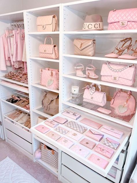 Bag Collection Closet Aesthetic, Vanity Closet Ideas, Pink Purses, Princess Stuff, Pink Closet, Dream Closet Design, Perfume Organization, Beauty Room Decor, Preppy Shoes