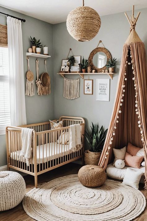 Unisex Boho Nursery, Nursery Boho Girl, Boho Gender Neutral Nursery, Boho Baby Nursery Gender Neutral, Girl Nursery Paint Colors, Nursery Ideas Simple, Green Boho Nursery, Bohemian Baby Room, Earth Tone Nursery