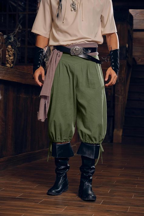 Mens pirate costume pants is made of pure cotton fabric, which is soft, loose-fit and friendly to your skin. You could feel lightweight and comfortable for free-movement when wear it. Mens ankle banded pants is a perfect match for Halloween pirate costumes, it works great to finish the pirate look. #men #costume #pant #halloween #renaissance_pirate Renfaire Outfit Men Pirate, Mens Ren Faire Outfit Pirate, Pirate Clothing Men, Mens Pirate Cosplay, Peasant Outfit Men, Pirate Outfit Simple, Pirate Pants For Men, Modern Pirate Outfit Male, Pirate Pants Pattern