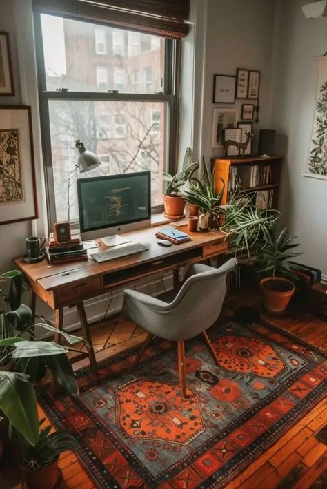 Work Room Design Home, Walk Through Office Space, Work Room Ideas Home, Office Styling Ideas, Work From Home Desk Inspiration, Apartment Interior Inspiration, Hone Desk, Small Office Room Decor, Small Office With Plants