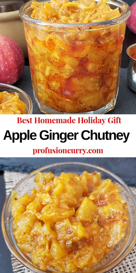 Apple Ginger Chutney is sweet, sour, savory and tangy condiment. This chutney recipe is easy to prepare in under 30 minutes. Pack it in cute mason jar and use it as a homemade gift this holiday season. #relish #apple #chutney #holidaygift Ginger Chutney Recipe, Apple Chutney Recipe, Ginger Chutney, Apple Chutney, Relish Recipes, Chutney Recipe, Jam And Jelly, Vegan And Gluten Free, Ginger Recipes