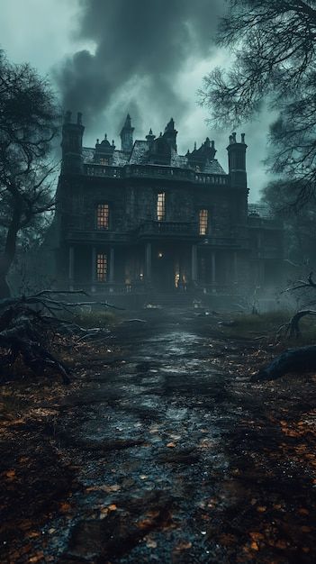 Haunted house in gothic style | AI-generated image Ominous Aesthetic, American Gothic Aesthetic, Haunted House Aesthetic, Scary Mansion, Haunted Palace, Witchy Party, Manor Aesthetic, Dark Mansion, Haunted Manor