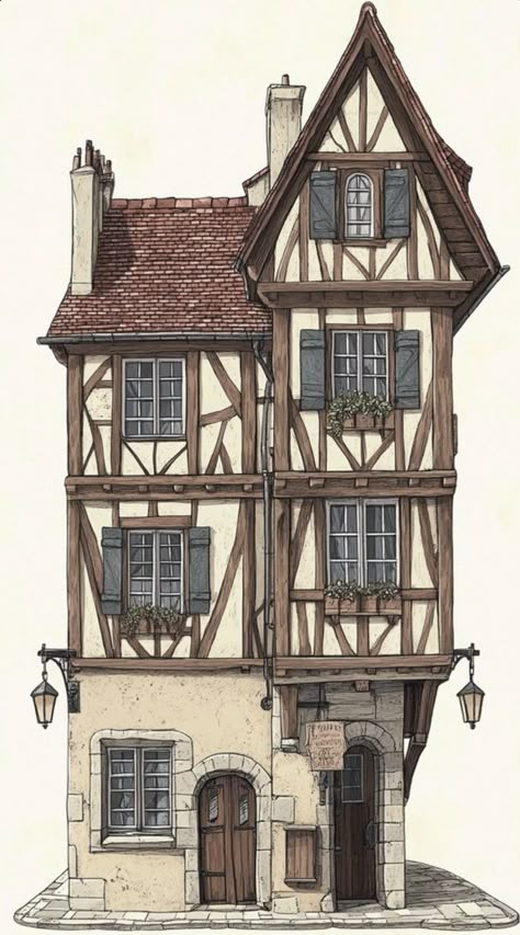 Medieval Russian Architecture, Medieval French Village, Rustic House Concept Art, Colorful Buildings Painting, Buildings Reference Drawing, Medieval Buildings Architecture, Village House Concept Art, Bloxburg Midevil House, Fantasy Building Drawing