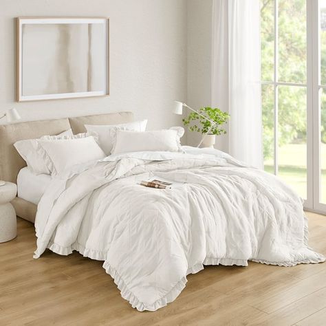 Chelsea Square Himari Diamond Quilted Ruffle Edge Comforter Set - On Sale - Bed Bath & Beyond - 40608628 Comforter Set Ideas, White Fluffy Bedding, Bed Transformation, Room List, Ruffle Comforter, Dads Room, Room Wishlist, Fluffy Comforter, Grey Comforter