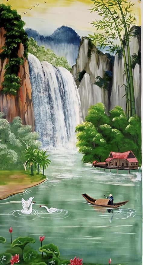 Amazing Nature Wallpaper, Wallpaper Waterfall, Easy Scenery Drawing, Waterfall Wallpaper, Waterfall Pictures, Watercolor Paintings Nature, Isometric Art, Scenery Paintings, Landscape Paintings Acrylic