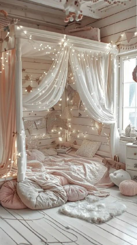 Cute Bedroom Ideas Aesthetic Cozy, Aesthetic Cozy Room Decor, Cute Girl Bedroom Ideas, Butterfly Theme Bedroom, White Aesthetic Room Ideas, Fairy Girls Bedroom, Cozy Girls Bedroom, Fairy Themed Room, Magical Bedroom Ideas