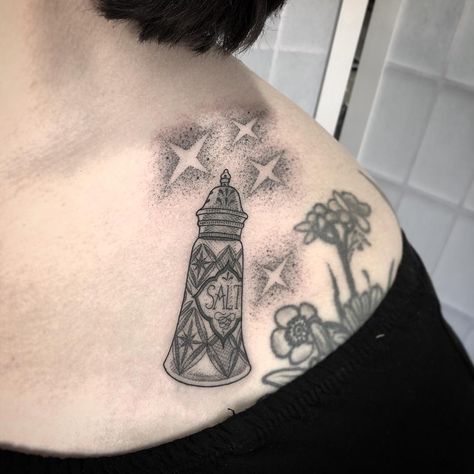 Salt shaker tattoo - fine line blackwork tattoo Pepper Shaker Tattoo, Salt And Pepper Tattoo, Salt Shaker Tattoo, Salt Tattoo, Blackwork Tattoos, Witchy Art, Leg Sleeve, Leg Sleeves, Salt Shaker