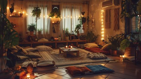 Bohemian-inspired retreat Coffee Table With Floor Cushions, Low Living Room Seating, Living Room With No Couch, Floor Sitting Living Room Indian, Low Sitting Living Room, Floor Sitting Living Room, Couchless Living Room, Ceremony Circle, Chill Out Zone