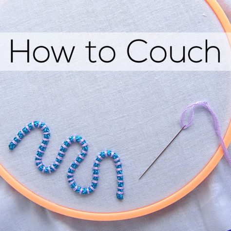 Couching Embroidery Tutorials, Couching Embroidery Stitch, Couch Stitch Embroidery, Embroidery Couching Stitch, Fabric Embellishment Techniques, Couching Embroidery Design Ideas, Couching Stitch Embroidery Designs, Couching Embroidery Design Motifs, Embroidery Stitches Tutorial Videos