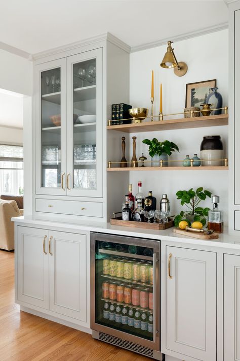 Produce Storage Kitchen Cabinets, Wraparound Kitchen Counter, White Shaker Kitchen Cabinets With Open Shelving, Open Shelves By Fridge, Dry Bar With Pantry, Kitchen Beverage Center Ideas, Small Kitchen And Living Room Layout, Living Room Bar Built In, Living Room Built In Cabinet Pulls