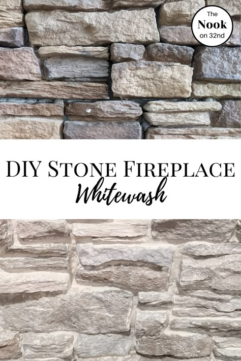 Grout Washed Stone, Over Grout Fireplace, Limewashed Stacked Stone Fireplace, Paint Fireplace Grout, Wood Mantle Over Stone Fireplace, Fireplace Mortar Makeover, How To Whitewash Rock Fireplace, Refacing Stone Fireplace, Stone Fireplace Grout Makeover