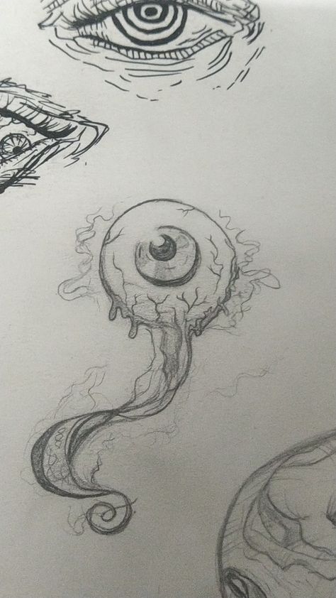 eyeball sketch Eyeball Fish Drawing, Flower With Eye Drawing, Eye Falling Out Of Socket Drawing, Horror Creatures Drawing, Eyes Creepy Drawing, Eye Balls Drawing, Wisp Drawing, Eye Ball Sketch, Goth Drawings Sketch