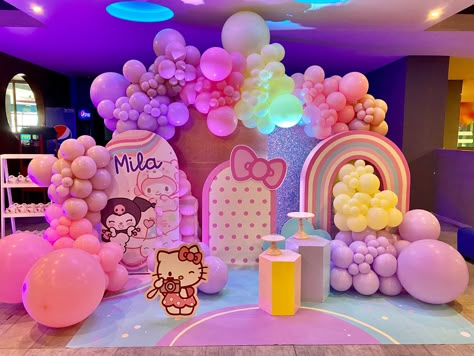 Sanrio Birthday Backdrop, Sanrio Party Backdrop, Hello Kitty Sanrio Birthday Party Ideas, Sanrio Theme Party Decoration, Hello Kitty Rainbow Party, Sanrio Balloon Garland, Sanrio Decorations Birthday, Hello Kitty And Friends Birthday Party Decorations, Aesthetic Decoration Party