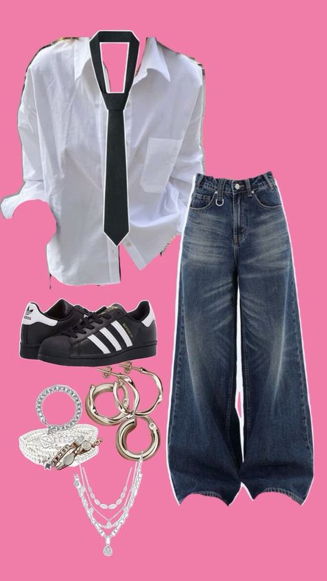 Streetwear baggy style fashion blouse with loose tie baggy jeans adidas super star old school shoes and silver jewellery 🌙 Baggy Dance Outfit, Aesthetic Outfits With Baggy Jeans, Dance Streetwear, Shirt And Tie Outfits, Old School Jeans, Outfit Ideas Baggy Jeans, Wanted Aesthetic, Baggy Jeans Outfit Aesthetic, Vintage Jeans Outfit