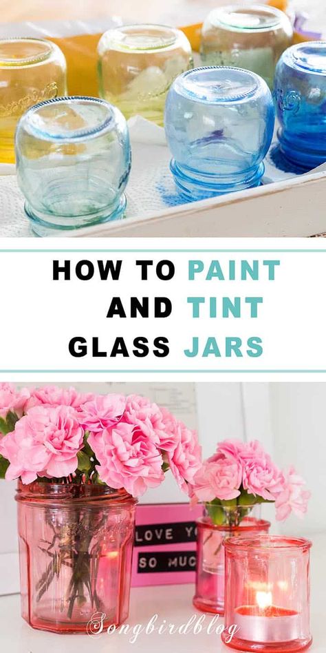 Tinting Glass, Glass Jars Diy, Crafts With Glass Jars, Painting Glass Jars, Colored Mason Jars, Mason Jar Projects, Glass Bottle Diy, Diy Glass Bottle Crafts, Diy Jar Crafts