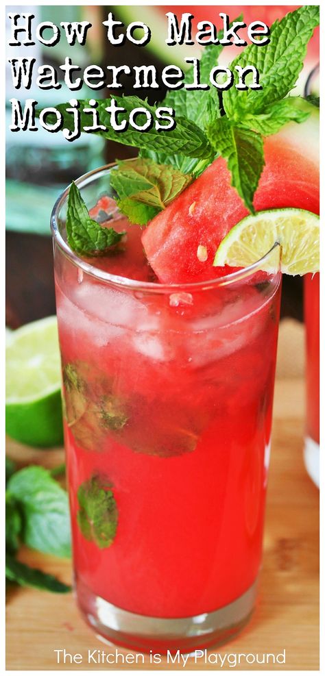 EASY Watermelon Mojito ~ Don't waste that watermelon juice that collects when you cut up a whole melon ... Use it to whip up an easy Watermelon Mojito instead!  It's certainly a tasty way to enjoy summer's watermelon. #watermelon #watermelonmojitos  www.thekitchenismyplayground.com Heathly Drinks, Watermelon Alcoholic Drinks, Watermelon Snacks, Watermelon Desserts, Watermelon Bites, Watermelon Treats, Watermelon Mojito Recipe, Watermelon Cocktail Recipes, Watermelon Drinks