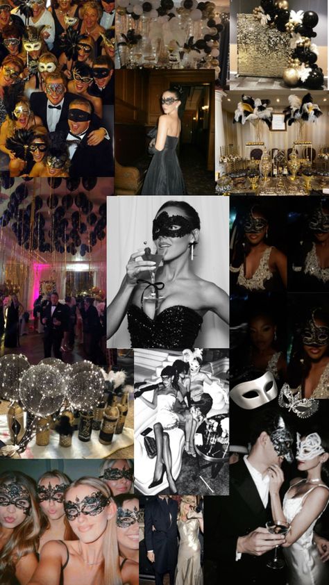 Blair Waldorf Masquerade Ball, Masquerade Themed Birthday Party, New Year Theme Party Ideas Black Gold, Masquerade Ball Gowns Aesthetic, New Year’s Eve Masquerade Ball, Sweet 16 Dress Code Ideas, Masquerade Nye Party, 1920s Masquerade Ball, Black Masquerade Outfit Ideas