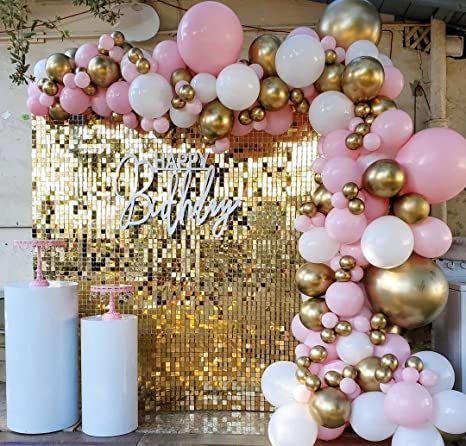 Pink Gold Party, Chrome Balloons, Gold Birthday Party Decorations, Pink And Gold Birthday Party, Pink Gold Birthday, Gold Birthday Decorations, White Garland, Gold Party Decorations, Gender Reveal Balloons