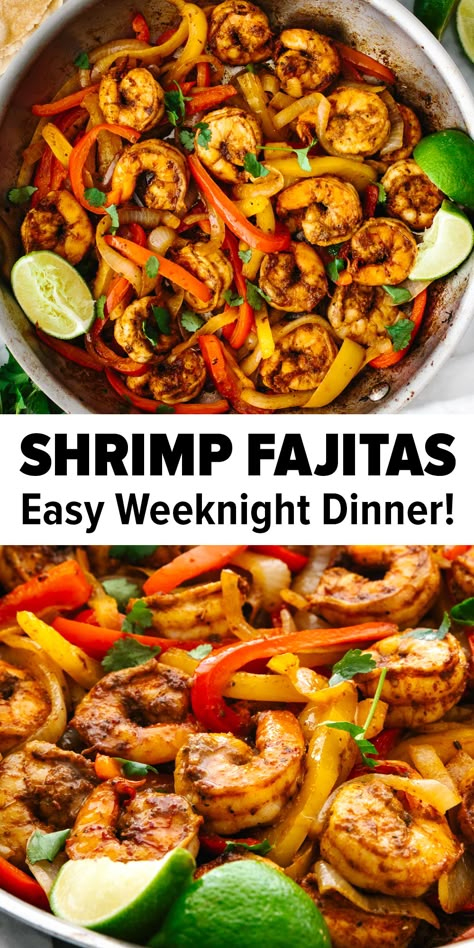 Shrimp fajitas in a pan Shrimp Fajitas Recipe, Easy Fajita Recipe, Skillet Shrimp, Shrimp Marinade, Homemade Fajita Seasoning, Shrimp Fajitas, Fajitas Recipe, Shrimp Recipes Healthy, Shrimp Dinner