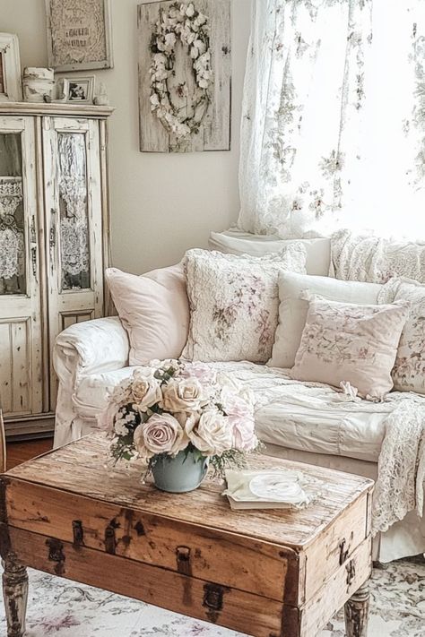 Add a cozy vintage vibe to your space with DIY shabby chic decor! Soft tones, distressed finishes, and rustic charm. #ShabbyChicDecor #VintageStyle #DIYHome Shabby Chic Game Room, Shabby Farmhouse Decor, European Cottage Living Room, Shabby Chic Living Room Vintage, Shabby Chic Sitting Room, Grandma Chic Decor, Bayou Cottage, Boho Shabby Chic Decor, Boho 2024