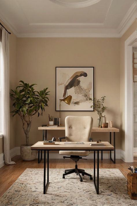 home decorating,home interior design,interior bedroom design,living room interior Tan Office Walls, Home Office Brown Walls, Home Office Neutral Colors, Office Wall Color Ideas, Olive Office, Earthy Office, Tan Office, Office Cozy, Scandinavian Office