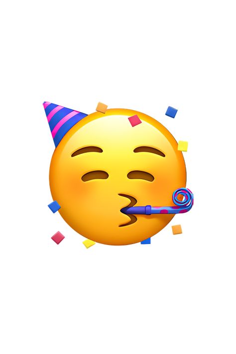 The 🥳 Partying Face emoji depicts a yellow face with a big grin, closed eyes, and a party hat on its head. The hat is typically colored in shades of blue, purple, and yellow, and features a small pom-pom on top. The emoji also has confetti and streamers falling around it, indicating a festive and celebratory mood. Happy Birthday Confetti, Party Blower, Happy Birthday Emoji, Emoji Hat, Phone Emoji, Emoji Stickers Iphone, Camera Cartoon, Ios Emoji, Party Icon