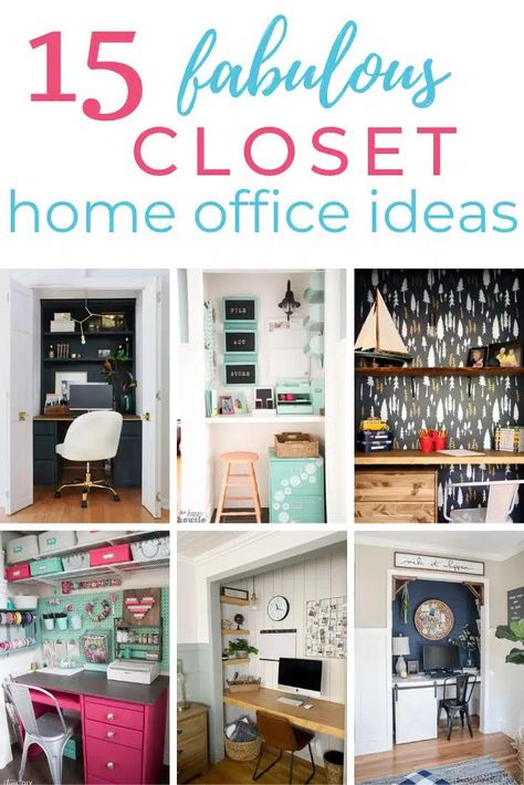 15 Fabulous DIY Closet Home Office Ideas Sewing Desk In Closet, Diy Office Closet Organization, Desk In Closet Ideas Diy, Turn Closet Into Craft Space, Closet To Craft Space, Small Office Closet Ideas, Office In Closet Ideas Small Spaces, Office Space In Closet, Home Office In Closet