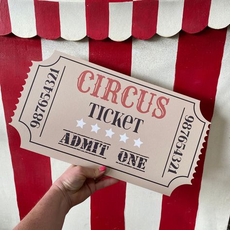 43cm wide by 23cm tall.A single giant vintage style ticket for the circus, printed directly onto 6mm MDF wood. The perfect prop for any fairground or circus themed event. Vintage Circus Ticket, Vintage Carnival Party Decorations, Easy Circus Decorations, Christmas Circus Decorations, Big Top Circus Party, Circus Table Decor, Elegant Circus Theme Party, Circus Homecoming Theme, Circus Theme Halloween