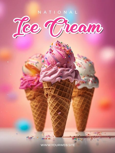 PSD a national ice cream day poster with... | Premium Psd #Freepik #psd #scoop #ice-cream-scoop #ice-cream Ice Cream Advertisement, Ice Cream Cone Design, Ice Cream Background, National Ice Cream Day, Ice Cream Poster, Ice Cream Lover, Cone Design, Delicious Ice Cream, Ice Cream Day