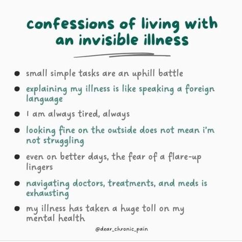 Add your own confession of living with an invisible illness!! @dear_chronic_pain #invisibleillness Chronic Illness Journal Ideas, Chronically Ill Quotes, Chronic Illness Motivation, Chronic Illness Journal, Hidden Illness, Transverse Myelitis, Pots Awareness, Living With Chronic Pain, Sick Quotes