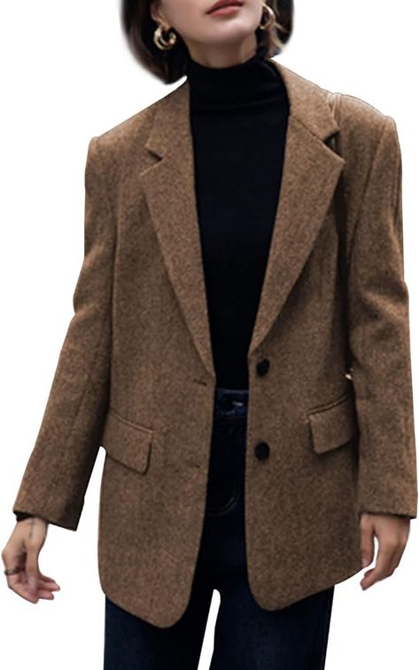 Women Suit Blazer Herringbone Pattern Woolen Coat Ladies Mid- Length Professional Casual Retro Only Jacket Coffee at Amazon Women’s Clothing store Brown Herringbone Blazer Outfit Women, Herringbone Jacket Outfit, Brown Wool Blazer Outfit, Herringbone Blazer Outfit Women, Brown Blazer Outfits For Women, Wool Blazer Outfit Women, Brown Herringbone Blazer, Outfits Short Women, Brown Blazer Outfit