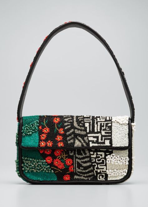 V5AKH Staud Tommy Multi-Pattern Beaded Shoulder Bag Tommy Beaded Bag, Beaded Shoulder Bag, Statement Sandals, Lana Jewelry, Black Patch, Beaded Bag, Multi Pattern, Pretty Bags, Leather Bags Handmade