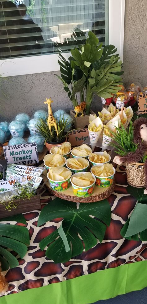 Two Wild Candy Table, Wild One Party Snacks, Zoo Food Ideas, Safari Candy Table, Safari Themed Food, African Safari Party, Safari Birthday Party Food, Safari Party Foods, Safari Snacks