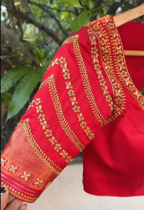 Red Blouse With Green Embroidery, Resham Work Blouse Designs, Aari Work On Silk Blouse, Blouse Sleeve Embroidery Designs, Silk Blouse Aari Work Designs, Simple Blouse Embroidery Designs Silk, Red Work Blouse Designs, Red Saree Blouse Design, Blouse Handwork Embroidery Designs