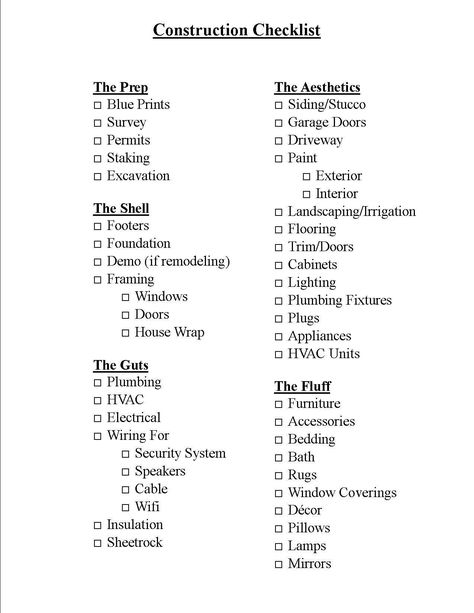 Construction Checklist Renovating A House Checklist, Building New House Checklist, House Planning Checklist, Construction Checklist House, Tips To Building Your Own House, Tiny House Checklist, Self Contracting House, List For Building A New House, New House Checklist Building