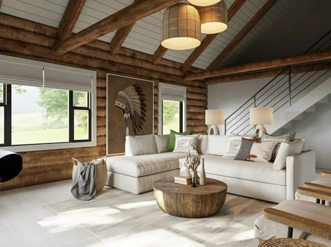 Modern Log Cabin Interior Pendant Lights, Diy Cabin Renovation, Cabin Interior Remodel, Log Home Modern Interiors, Modernize Log Home, Log Cabin Game Room Ideas, Log Home Renovation Cabin Interiors, Updated Log Home Interiors, Modernize A Log Cabin