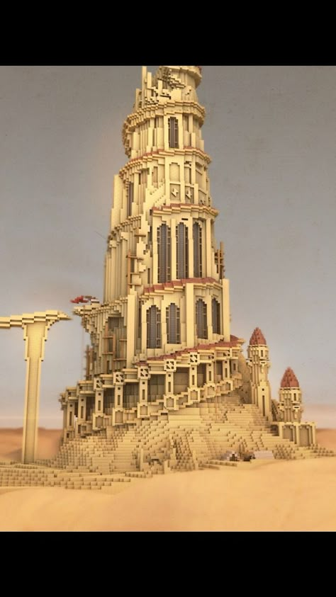 Minecraft Desert Mega Base, Desert Mega Base Minecraft, Minecraft Spiral Tower, Minecraft Mega Build Inspiration, Desert Tower Minecraft, Mc Mega Base, Desert Castle Minecraft, Minecraft Round Tower, Magic Tower Minecraft