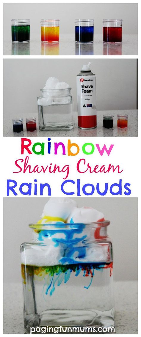 Rainbow Shaving Cream Rain Clouds. An awesome Science Experiment for kids! Cloud Crafts, Colour Activities, Science Camp, Homeschool Crafts, Kid Experiments, Science Party, Rainbow Rain, Kindergarten Lesson Plans, Kindergarten Lessons