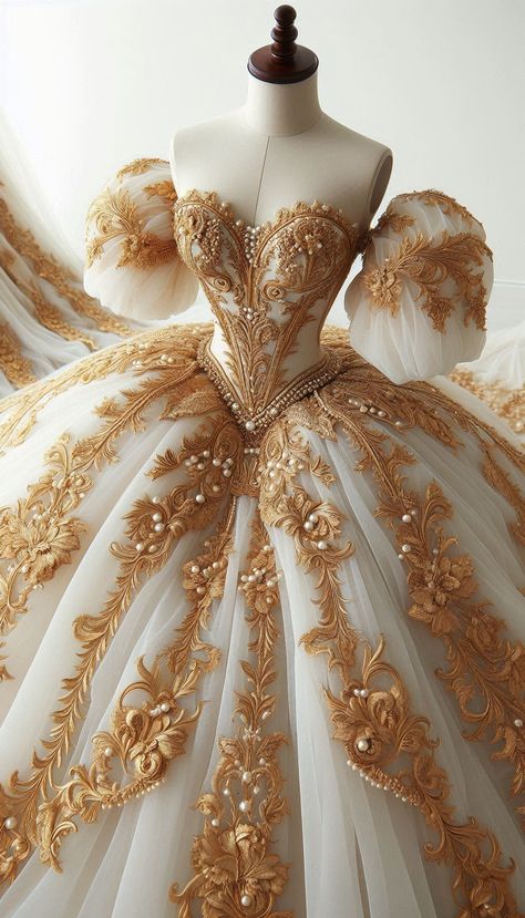 White Gown Aesthetic, White And Gold Wedding Dress, Gown Aesthetic, Aesthetic Royal, Gold Wedding Dress, White Gown, Dream Wedding Ideas Dresses, White Gowns, Gold Work