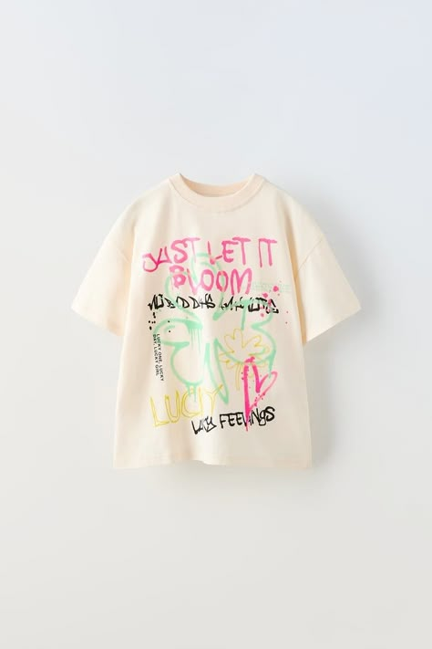 Camp Shirt Ideas, Clothes Crop Tops, Neon Details, Bible Shirts, Zara T Shirt, Zara Girl, Zara Crop Top, Zara Kids, Girls Prints