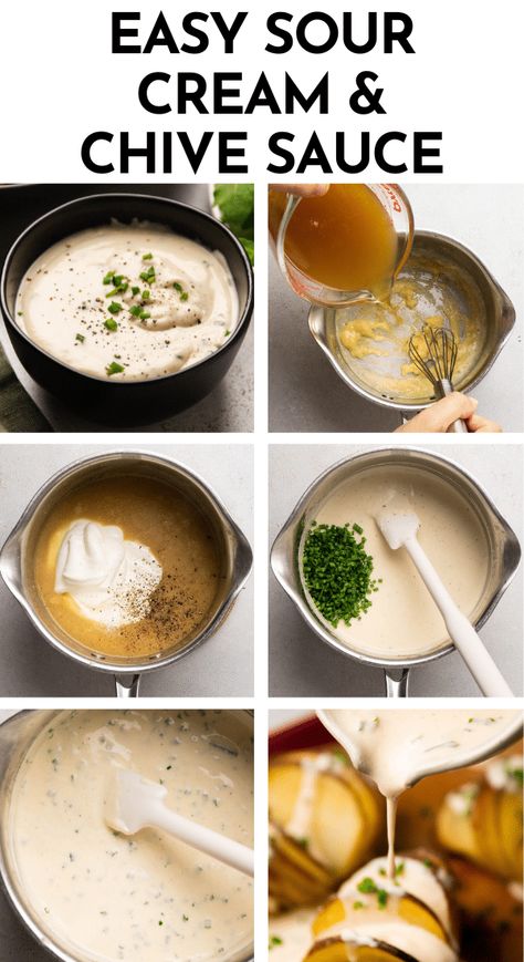 This easy sour cream sauce is perfect with pasta, steak, fish, potatoes, pierogi, and more! Start with some garlic and butter, then whisk a quick roux together and add some chicken broth or vegetable broth. Add plenty of sour cream and fresh chopped chives, and you're ready to go! Drizzle this sauce over pierogies, twice baked potatoes, mashed potatoes, and more - just like a creamy sour cream gravy! You can also toss this sauce with pasta for an easy dinner. With step by step photos. Easy Sour Cream Sauce, Pierogi Sauce, Steak Cream Sauce, Sour Cream Pasta, Sour Cream Gravy, Fish Potatoes, Chive Sauce, Meatloaf Sauce, Potatoes Mashed